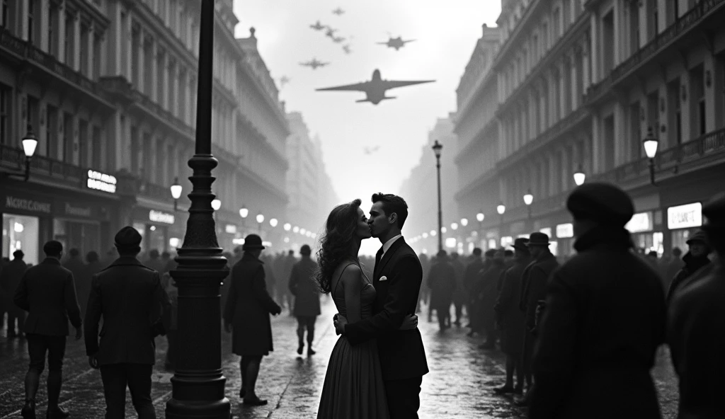 1940 London in chaos; people looking at the sky; couples kissing in the streets. Bombs falling from the sky