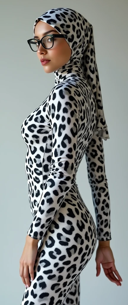 the beautiful,slender thin and prettiest Malaysian muslimah adult girl with beautiful cheeks wears white leopard print lycra turtleneck unitard catsuit covered with black seamless spots and always wear white leopard print lycra elastane stretchy dance wear hijab covered with black seamless spots.She always wear a pair of glasses