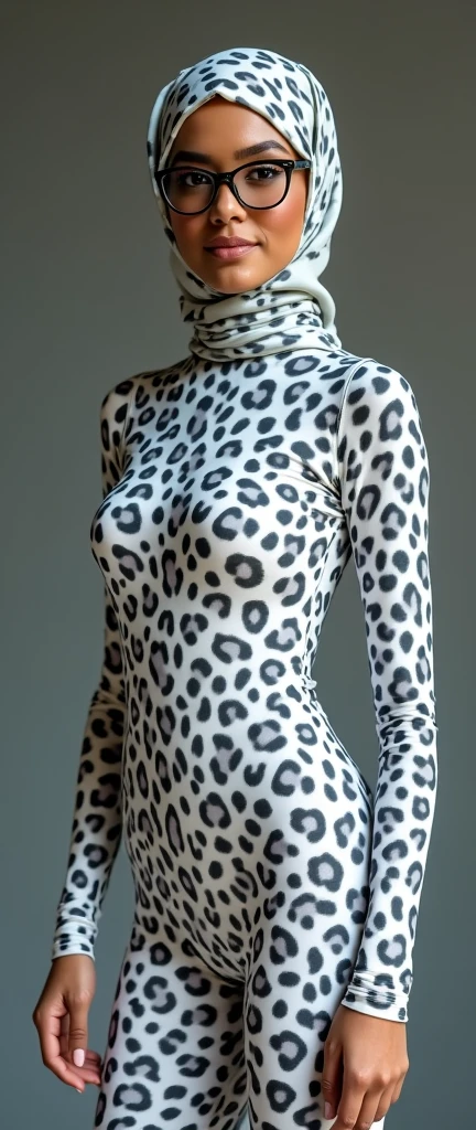 the beautiful,slender thin and prettiest Malaysian muslimah adult girl with beautiful cheeks wears white leopard print lycra turtleneck unitard catsuit covered with black seamless spots and always wear white leopard print lycra elastane stretchy dance wear hijab covered with black seamless spots.She always wear a pair of glasses
