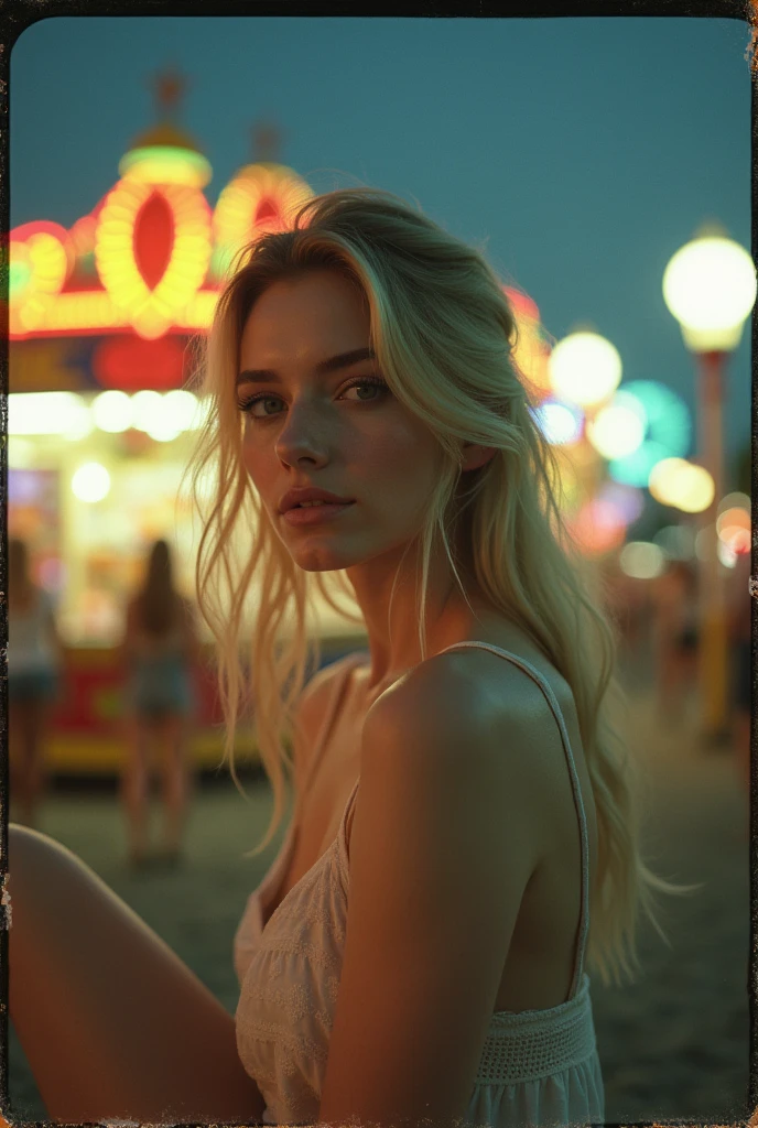 (photorealism:1.2), photo polaroid, night photo, Beautiful woman, pale skin, sitting at a fair, bokeh, Motion blur, fair lights, fair games