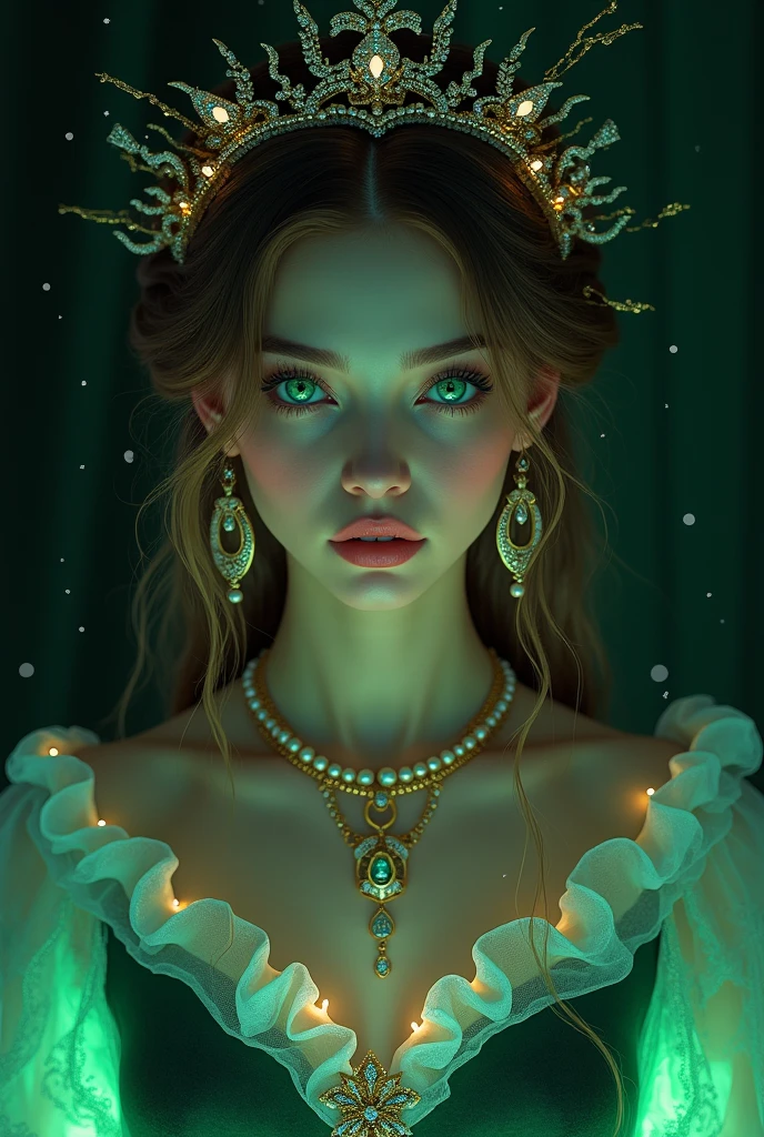 ((Highest quality)), ((masterpiece)), (detailed), Perfect face In this breathtakingly stunning 4K masterpiece, a single, ethereal female silhouette stands out against a dark background, her beautifully detailed face illuminated by neon lights and shimmering particles. Her long eyelashes frame her Highly detailed CG Unity 8k wallpaper, top quality, Super detailed, table top, realistic, photo-realistic, Highly detailed cute girl, 2, ,, whole body, ,big breasts,black eye,rubber dress (Light brown hair, middle hair , wince, Green eyes, beautiful lip, Serious), (Pearl crescent earrings, Pearl and gold neckless, tiara with Dimond ), (big breasts, slender whist, wide hip) ,(Rococo 18the century dress), Green base dress , (Blue Dexter:1.3), decoration medal , in Palace, in Austria, textured skin , HI detailed skin, (foreshortening, Canon, uhd, anatomically correct, super detail, high details, highness,Best quality, masterpiece, ultra high res, (photorealistic:1.4), raw photo, 1girl, offshoulder, huge cleavage, in the dark, deep shadow, low key, cold light, SFW light natural tones , pencil drawing , watercolor drawing, portrait of a woman with long curly hair and white shirt, detailed eyes, beautiful , highly detailed, soft color tones, soft lighting, detailed lines, sharp, realistic, brush strokes, light hints of paint drips Perfect photo (long shiny black hair cut)), adorable, 1 female, (face to face), 30 years old, beautiful face, happy, half body portrait, (face details: 1), (eye details: 1), (( big breasts ) ). ((wearing a tight t-shirt))