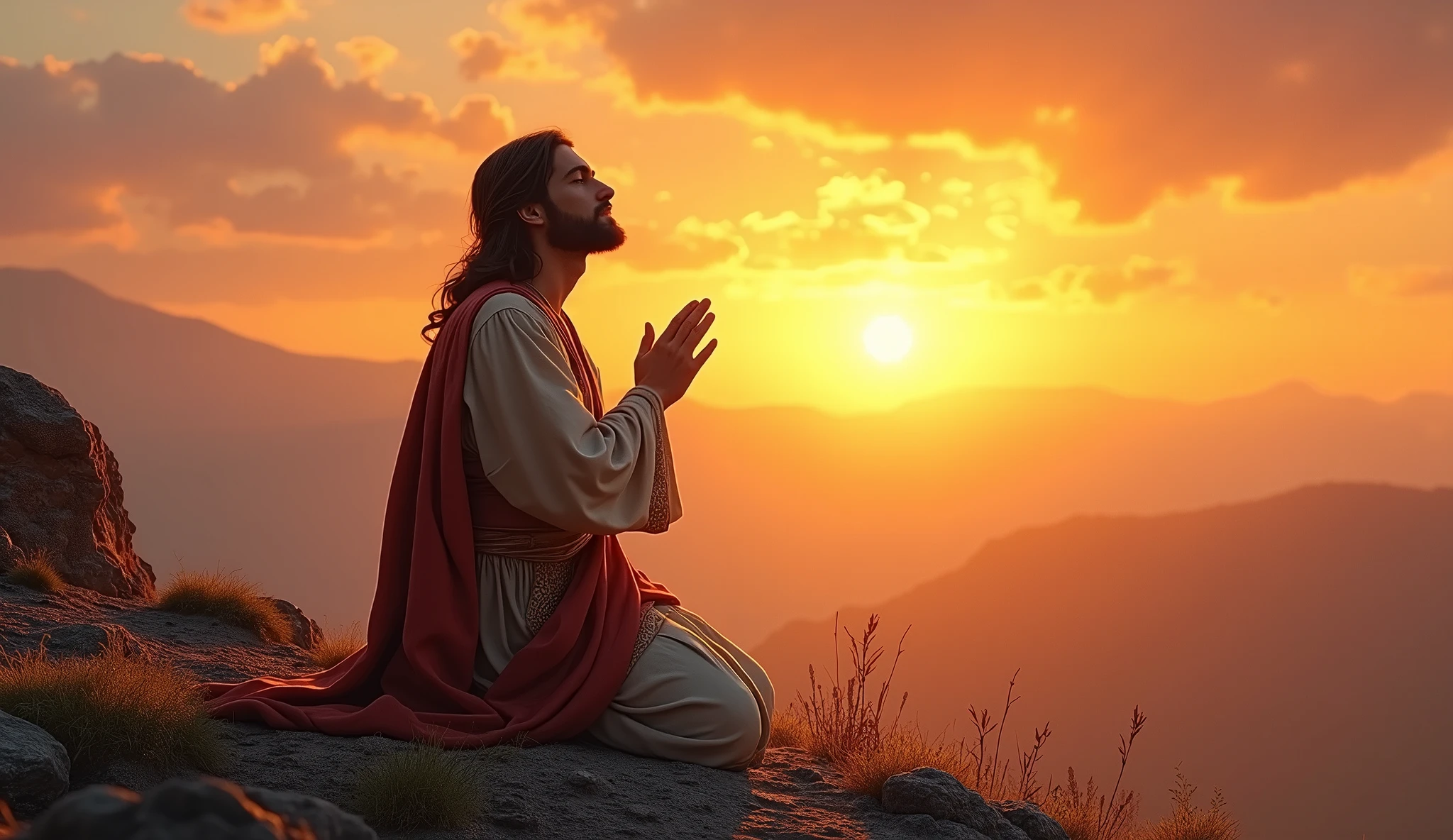 Create a realistic, detailed image of Jesus Christ praying on his knees on a mountaintop. Jesus must have his eyes closed and an expression of deep devotion and peace. He wears traditional clothing with rich details, and his posture should convey humility and reverence. The backdrop in the background is a splendid sunset, with warm, vibrant colors that blend with the sky, creating a serene and majestic atmosphere. The light from the sunset should softly illuminate the figure of Jesus, highlighting his presence and creating a halo of light around him. The surrounding environment should be natural and peaceful, with views of mountains and a sky that reflects the splendor of the evening.