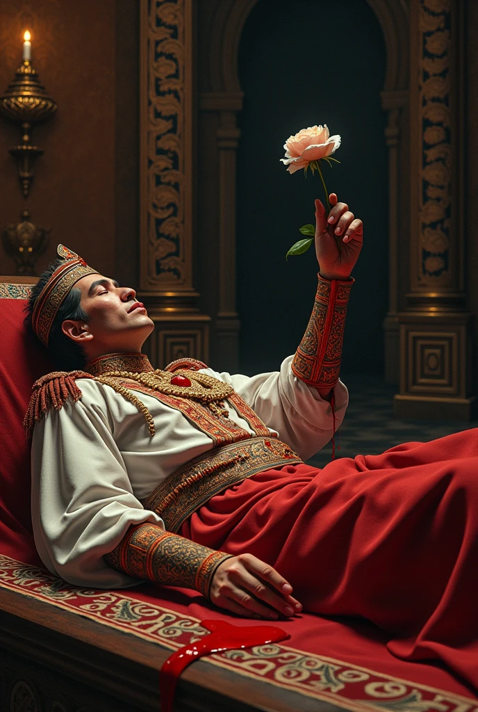 A deceased Inca dyes a white rose with his blood