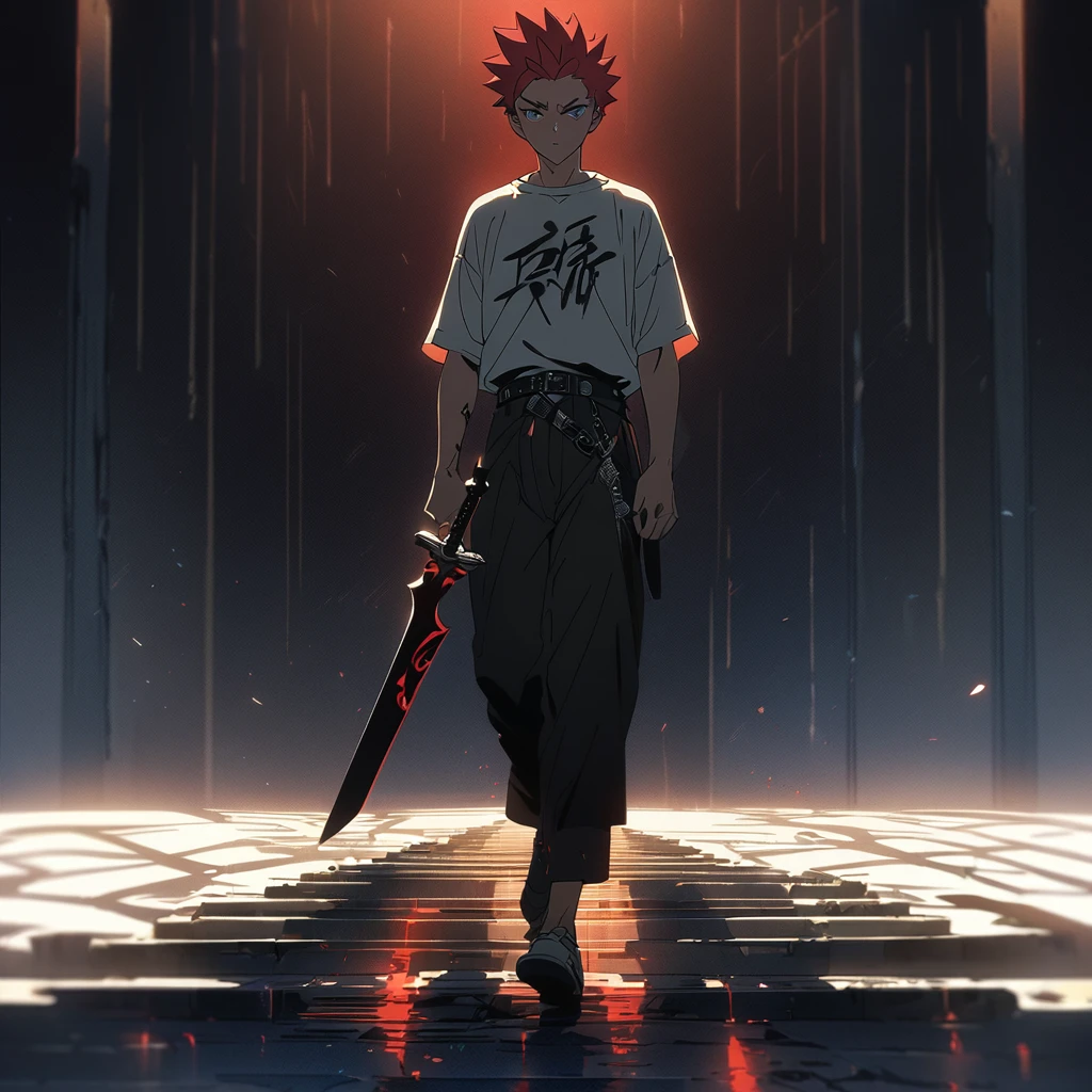 teenagers solo boy,red spiked hair,full body,background like the one written in ink,He holds the hilt of the sword on his waist and steps on one foot,hand righting style,anime style,masterpiece,best quality,ultra-detailed, illustration, detailed light,an extremely delicate and beautiful,