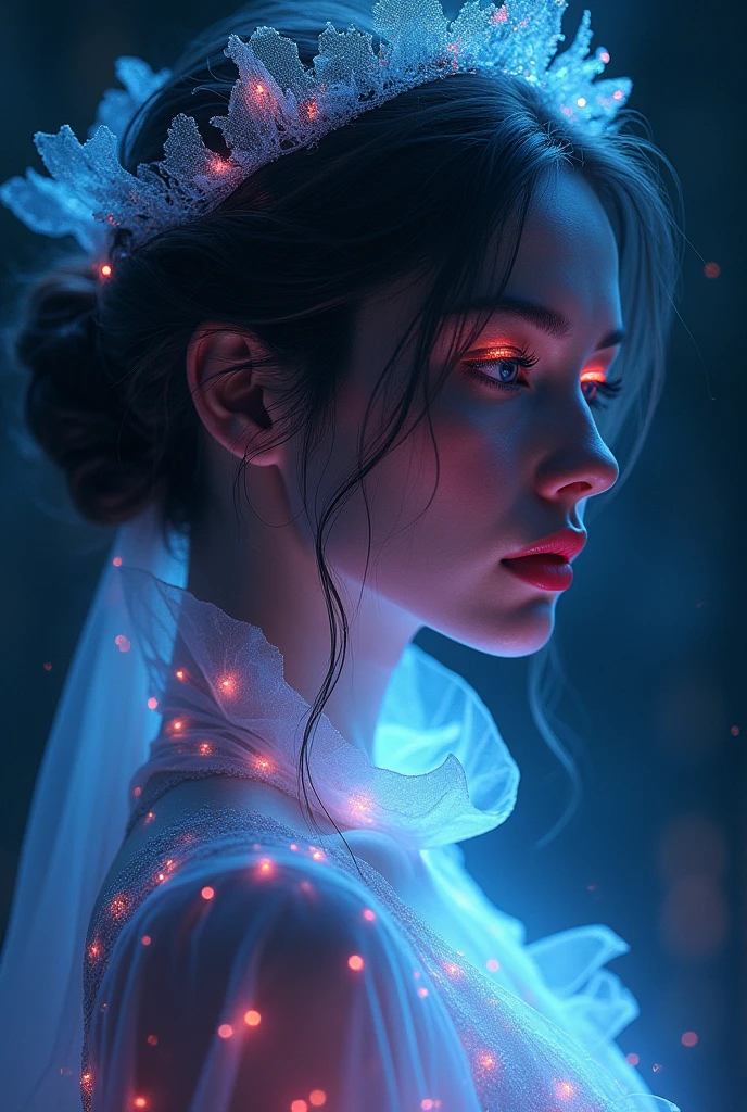 In this breathtakingly stunning 4K masterpiece, a single, ethereal female silhouette stands out against a dark background, her beautifully detailed face illuminated by neon lights and shimmering particles. Her long eyelashes frame her piercing gaze, which seems to cut through the darkness, as if beckoning the viewer into her mystical world. Her translucent skin glows softly, while her flowing, delicate clothes billow around her sinuous figure like a wispy mist. The artist's masterful brushstrokes weave together vibrant CMYK hues, imbuing the portrait with depth and dimension. As the backlit glow radiates an enchanting aura, this fantastical, dreamlike scene is frozen in time, inviting the viewer to step into its surreal realm.Best quality, masterpiece, ultra high res, (photorealistic:1.4), raw photo, 1girl, offshoulder, huge cleavage, in the dark, deep shadow, low key, cold light, SFW light natural tones , pencil drawing , watercolor drawing, portrait of a woman with long curly hair and white shirt, detailed eyes, beautiful , highly detailed, soft color tones, soft lighting, detailed lines, sharp, realistic, brush strokes, light hints of paint drips Perfect photo (long shiny black hair cut)), adorable, 1 female, (face to face), 30 years old, beautiful face, happy, half body portrait, (face details: 1), (eye details: 1), (( big breasts ) ). ((wearing a tight t-shirt))