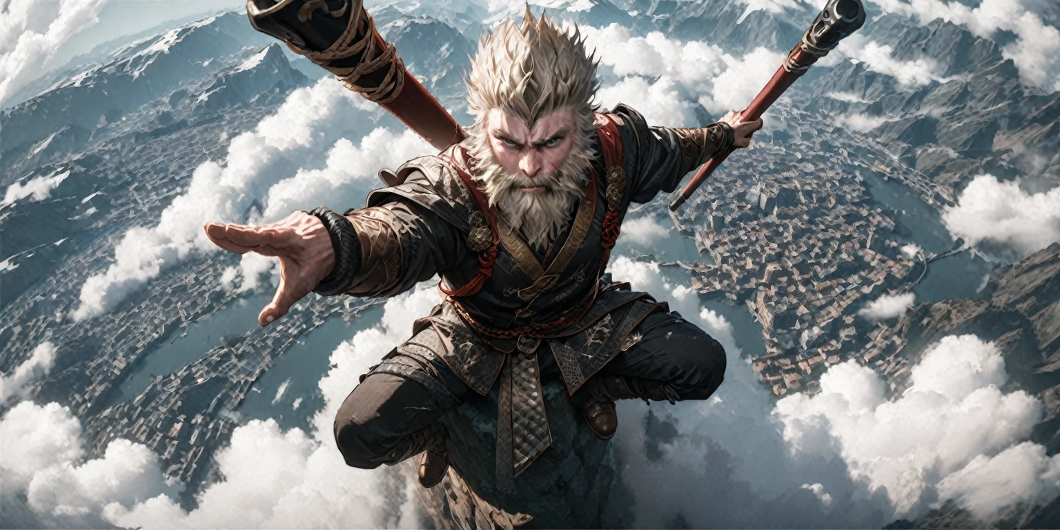 1man, viking wukong, nordic beard, sitting on flying cloud, drom above, high quality, fighting stick, from above, nice perspective, from above