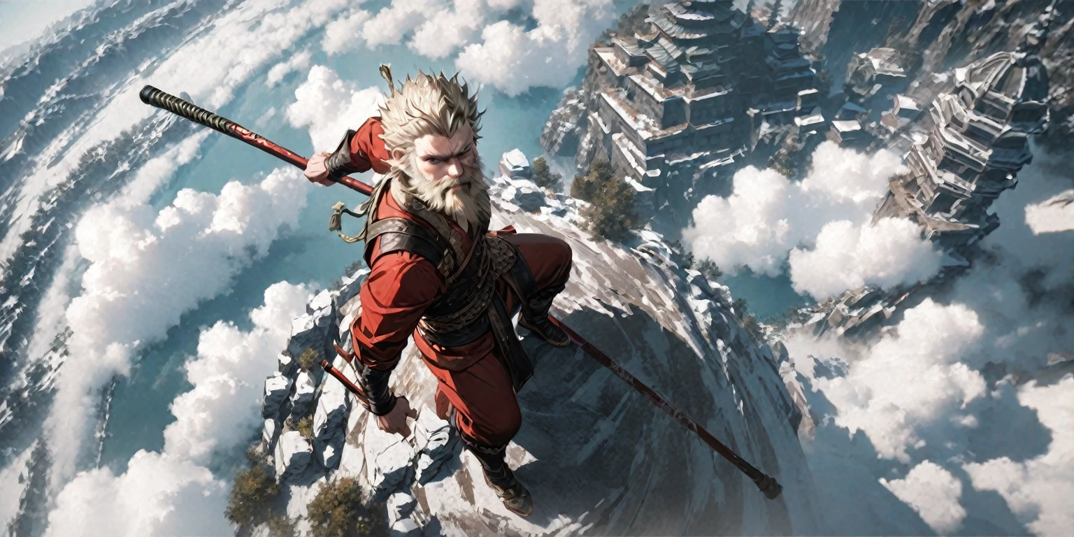 1man, viking wukong, nordic beard, sitting on flying cloud, drom above, high quality, fighting stick, from above, nice perspective, from above