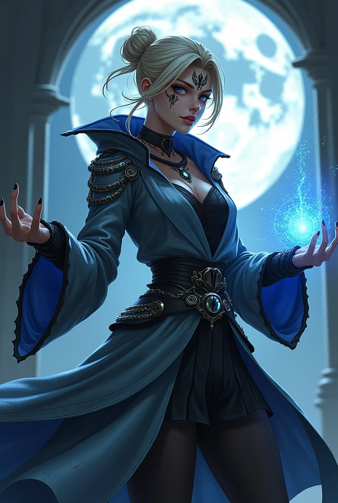 Imagine a woman, of black race, appearing full body, with short light blonde hair tied up, with a black tribal tattoo on his face, similar to Mel Medarda from Arcane, with silver colored arcane robes with black and blue details, with a malignant expression, doing a magic casting pose, in a medieval fantasy setting with the full moon in the background, in steampunk style anime drawing