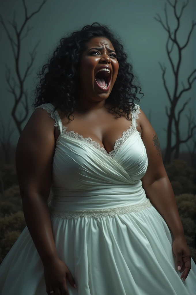 With a shocked,sad and crushed face generate an image of a curvy black bride