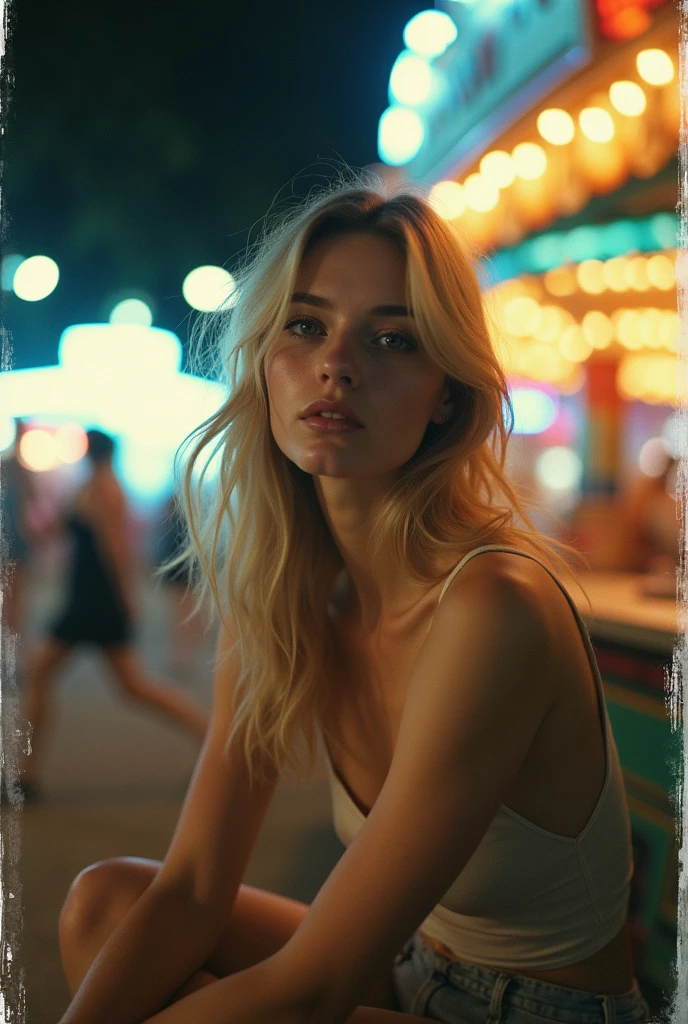 (photorealism:1.2), photo polaroid, night photo, Beautiful woman, pale skin, sitting at a fair, bokeh, Motion blur, fair lights, fair games