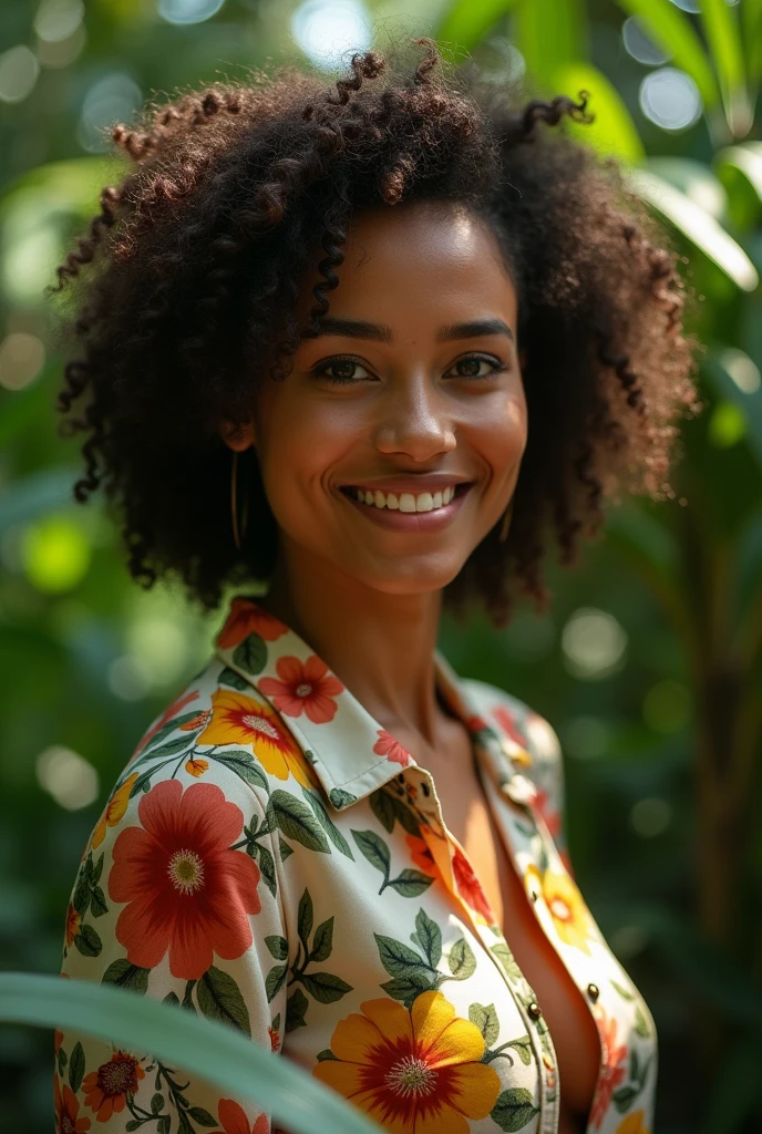 A Brazilian woman in a lush tropical garden, wearing an open shirt with a floral print, with a close-up capturing the harmonious beauty between her breasts and the natural flowers, showing off your natural charm and outgoing personality.