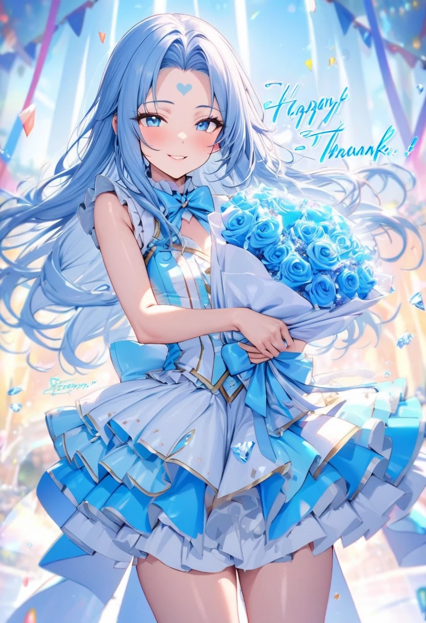(background font "Thankyou"), (frontale standing, solo:2, 15yo) (detailed forehead)  (beautiful blue hair long hair), (best cute girl) (immensely lovely blue eyes) (happy smile) (glossy lip) (small tits), in a cute Colorful Layered Idol Costumes with double exposure love hearts, break, hand holding a beautiful detailed big bouquet of ice rose, break, in the Ceremony venue, (background font is "Thankyou"), BREAK, perfect anatomy, masterpiece, best quality, 16k, beautiful detailed thankyou, daydreaming expression.