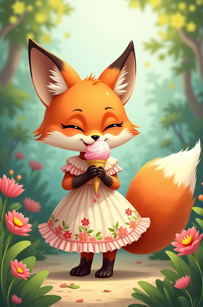 A fox in a summer dress licking an ice cream