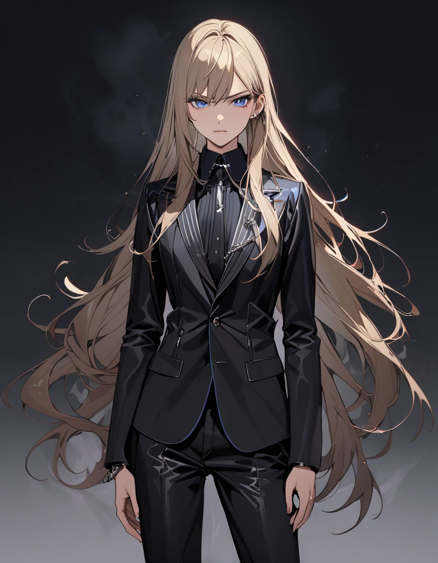 (masterpiece)、(absurdres)、(ultra detailed)、(8k),((solo lady),(dark blonde hair:1.2),(straight long hair:1.1),BREAK,shiny blue eyes,BREAK,black suit,black pants,BREAK,(athletic),(flat chest),(Pierce:0.9),(bracelet:0.8),タバコを吸う:1.2,smoke:1.5,serious,upperbody shot,simple darkness background,darkness:1.4,midnight,looking viewer,