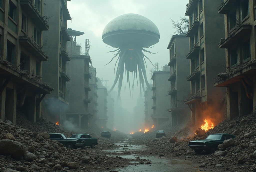 “(Best quality, 8K, highres, masterpiece: 1.2) Detailed post-apocalyptic landscape, alien invasion, ruined city, crumbling buildings, debris scattered everywhere, abandoned cars, fires burning, atmosphere of chaos and destruction, dark mood, gritty and realistic, (ultra-detailed, photorealistic: 1.37), cinematic lighting, dramatic shadows, muted color palette, moody and oppressive atmosphere, (Mad Max: 0.8), (art of Simon Stålenhag: 1.5), epic scale, ruins covered in alien technology, remnants of a lost civilization”