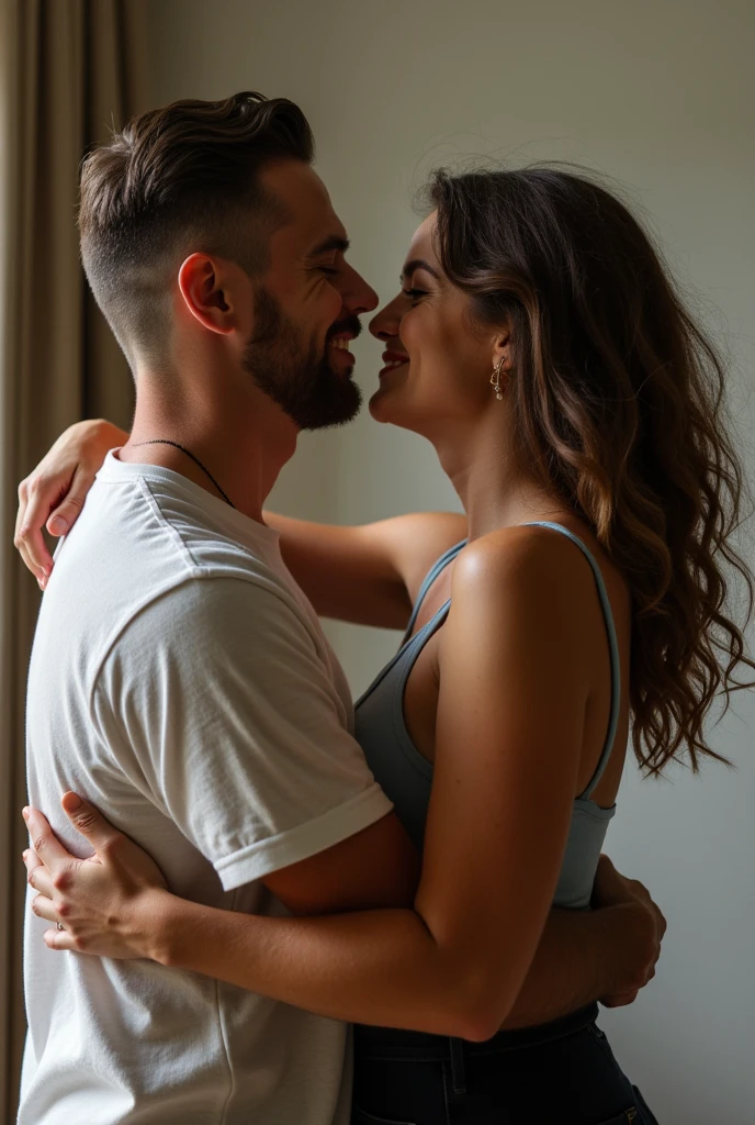 Two friends meet, man and woman, They hug each other pressing their chests together, with arms around each other's back. The interaction is usually warm and with a friendly tone of voice..