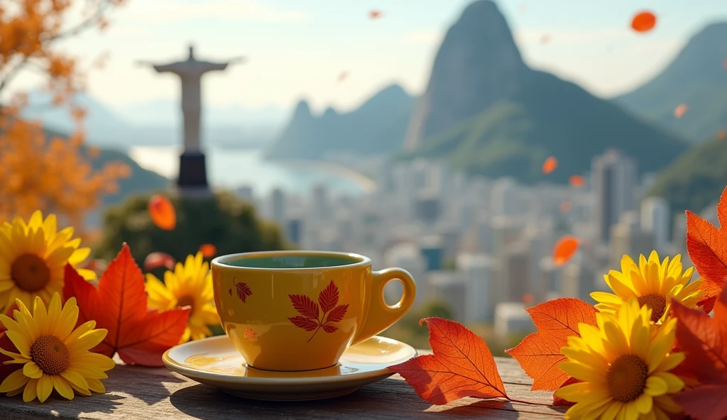 Create a realistic image of a small, yellow, green latte cup adorned with autumn leaves and yellow flowers scattered around. Christ the Redeemer overlooking Rio de Janeiro city