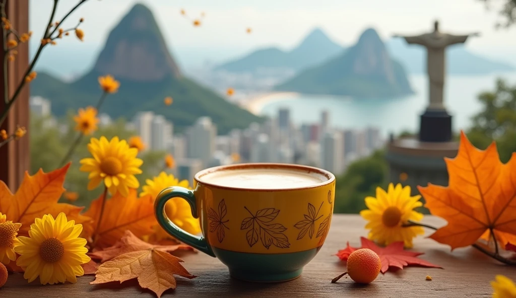 Create a realistic image of  a small, yellow, green latte cup adorned with autumn leaves and yellow flowers scattered around. Christ the Redeemer overlooking Rio de Janeiro city