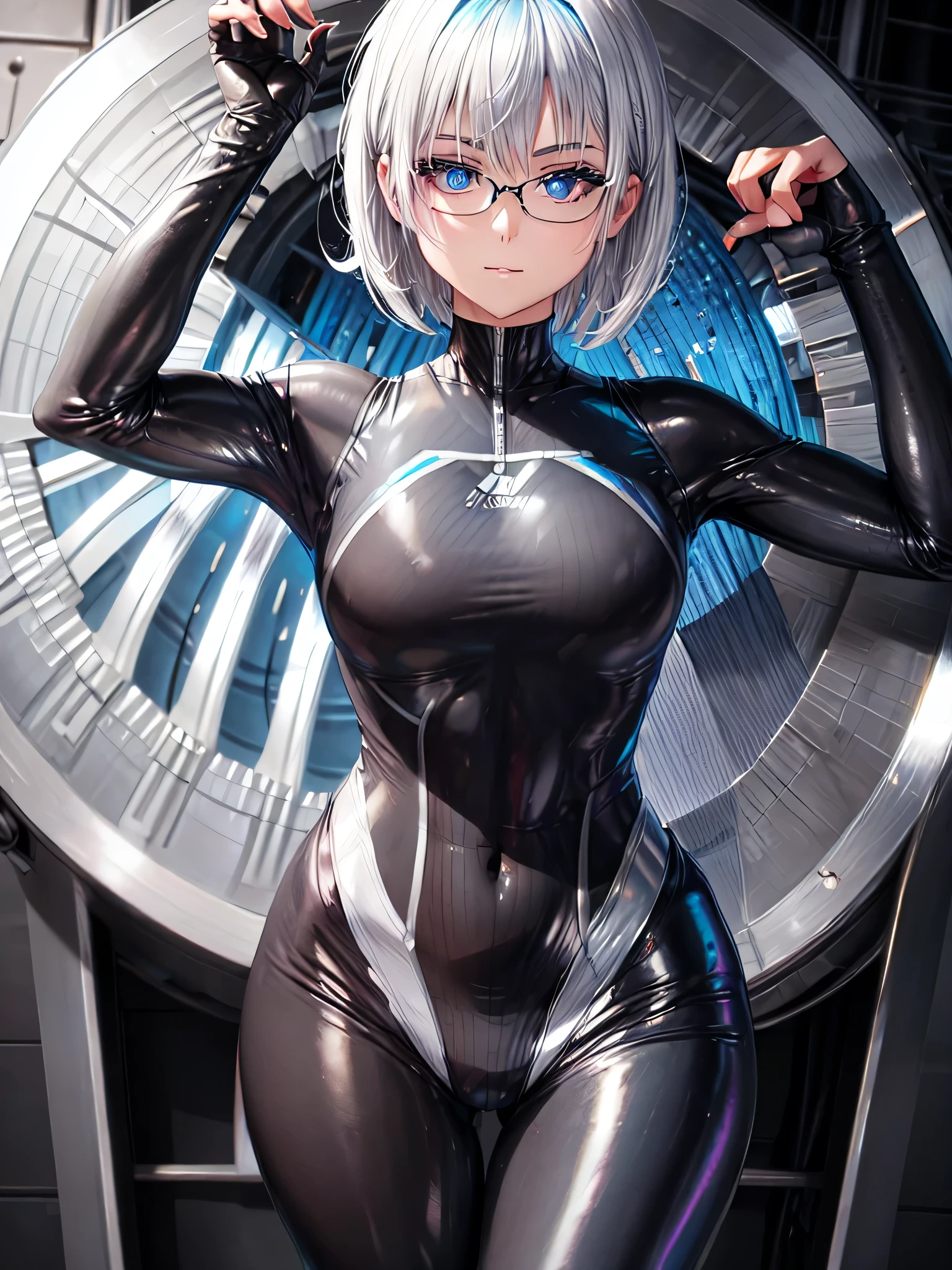 
Highest quality 8K UHD、Mastepiece、Close-up、short hair、Muscular、Blue Eyes、Silver Hair、Glasses、Leg spread、A beautiful woman wearing a sleek all-black metallic suit、Full body black metallic rubber suit