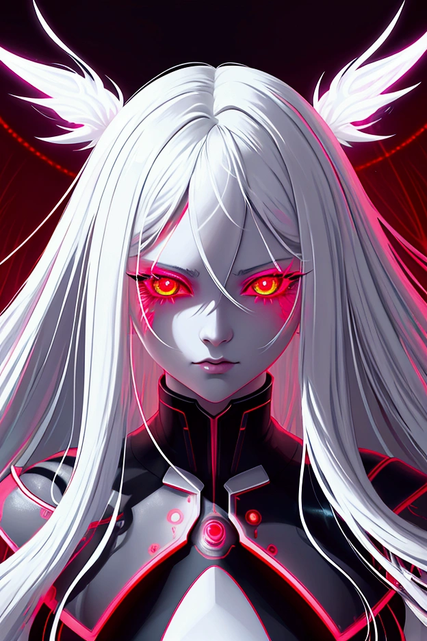 vivid neon lighting, long white hair hair, glowing eyes, red hues, ethereal halo, soft facial features, intense gaze, dark background, smooth textures, anime-inspired, futuristic portrait, radiant glow, otherworldly atmosphere, surrealism, sharp contrasts, minimalistic setting, digital painting