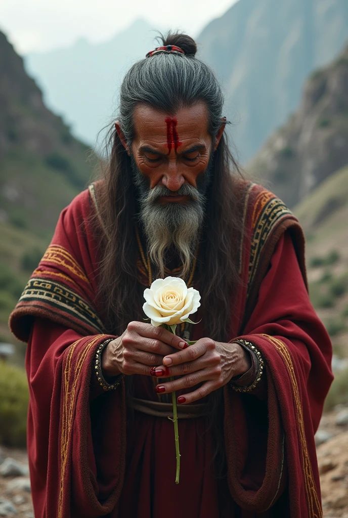 Peruvian INCA deceased dyes a white rose with his blood