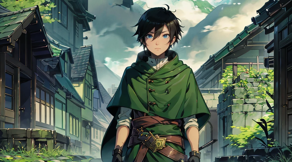 yuichiro hyakuya, (WithoutFear:1), demon king, evil face, 1 boy, black hair, green eyes, brown coat, gray armor, green shield, green cloak, dark brown gloves, castle, white fur trim, tall, anime, standing, good quality, portrait, looking at viewer