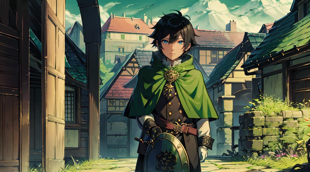 yuichiro hyakuya, (WithoutFear:1), demon king, evil face, 1 boy, black hair, green eyes, brown coat, gray armor, green shield, green cloak, dark brown gloves, castle, white fur trim, tall, anime, standing, good quality, portrait, looking at viewer