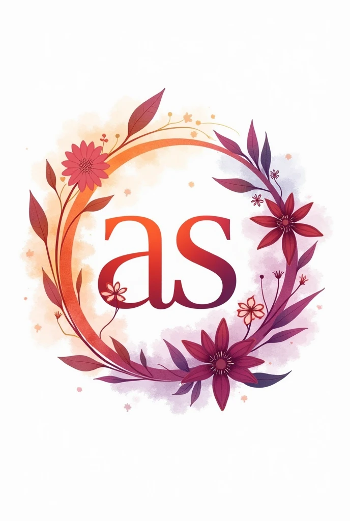 Logo for nail designer with the letters AS, in orange and purple colors with some flowers, all within a circle with a watercolor look, I want the letters to mix