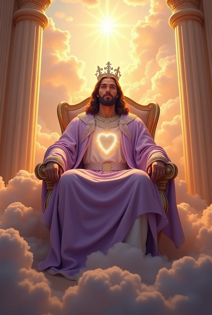 (photorealism:1.2), beautiful JESUS CHRIST PALACE, SITTING ON THE THRONE IN A UPPER PART OF SO MANY ANGELS BELOW, wearing the color lavender of a king clothes that sorrounded of many sparkling diamonds, the heart and crown is lighting all over, nice hair, heaven that full of clouds, soft lighting, clouds and many angels in the background, heaven lightning sunlight, cozy heaven, relaxed pose, realistic, intricate details, warm colors,
