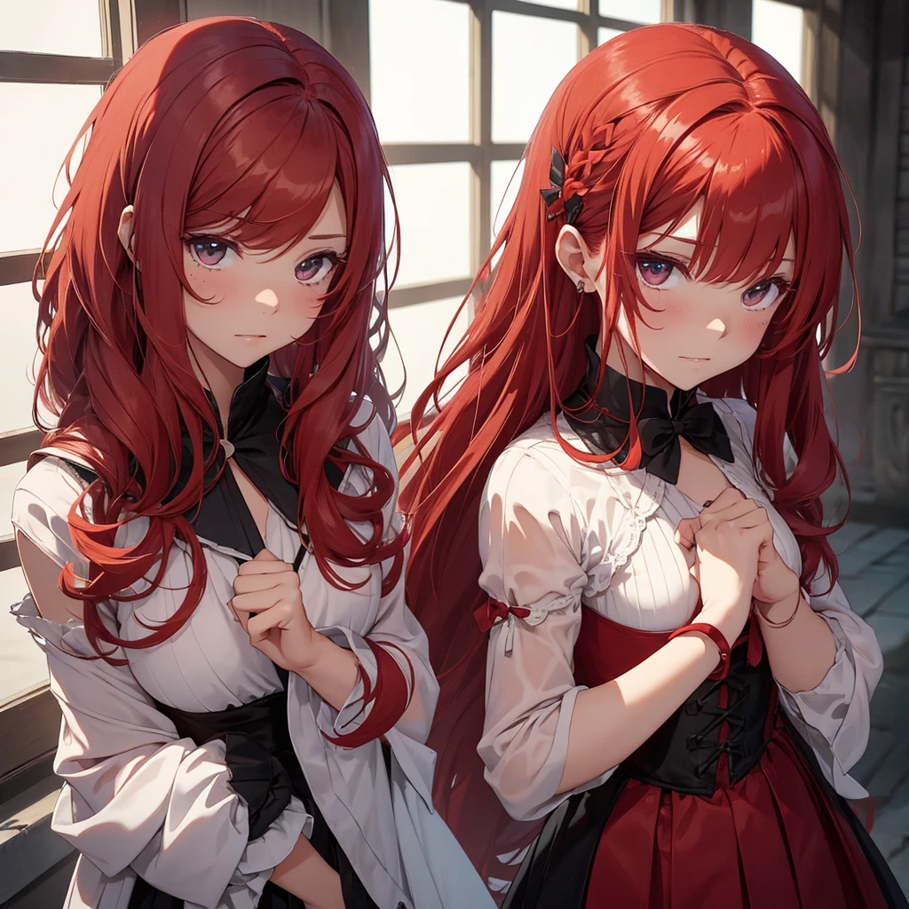 Princess is shy, she has red hair and looks to the side in embarrassment, her face all red.  Com raiva 