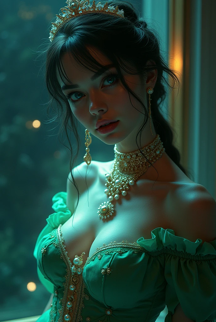 Big boobs big breasts sexy voluptuous erected swxy breast a mughal queen sexy Mughal jewelry face Sexy cyberpunk sexy anime ethereal close up sexy glowing blue eyes sexy makeup eyes sexy lips sexy nose sexy face ethereal face sexy, write the name Sofia on her chest with glitter,