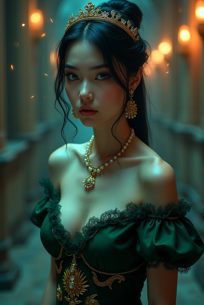 ((Highest quality)), ((masterpiece)), (detailed), Perfect face In this breathtakingly stunning 4K masterpiece, a single, ethereal female silhouette stands out against a dark background, her beautifully detailed face illuminated by neon lights and shimmering particles. Her long eyelashes frame her Highly detailed CG Unity 8k wallpaper, top quality, Super detailed, table top, realistic, photo-realistic, Highly detailed cute girl, 2, ,, whole body, ,big breasts,black eye,rubber dress (Light brown hair, middle hair , wince, Green eyes, beautiful lip, Serious), (Pearl crescent earrings, Pearl and gold neckless, tiara with Dimond ), (big breasts, slender whist, wide hip) ,(Rococo 18the century dress), Green base dress , (Blue Dexter:1.3), decoration medal , in Palace, in Austria, textured skin , tied up in an intricate updo hairstyle. Her huge breasts are showcased perfectly as she gazes directly at the viewer with her piercing blue eyes, complete with eyeliner and painted lips. She's adorned with gold jewelry and has a fresh, very clean appearance. The lighting is cinematic, with dynamic shadows and a deep sense of intimacy. The background is blurred out to focus solely on the model's upper body, showcasing every detail in high-resolution 32k clarity. HI detailed skin, (foreshortening, Canon, uhd, anatomically correct, super detail, high details, highness,Best quality, masterpiece, ultra high res, (photorealistic:1.4), raw photo, 1girl, offshoulder, huge cleavage, in the dark, deep shadow, low key, cold light, SFW light natural tones , pencil drawing , watercolor drawing, portrait of a woman with long curly hair and white shirt, detailed eyes, beautiful , highly detailed, soft color tones, soft lighting, detailed lines, sharp, realistic, brush strokes, light hints of paint drips Perfect photo (long shiny black hair cut)), adorable, 1 female, (face to face), 30 years old, beautiful face, happy, half body portrait, (face details: 1), (eye details: 1), (( big breasts ) ). ((wearing a tight t-shirt))