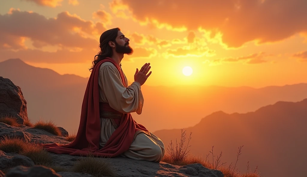 Create a realistic, detailed image of Jesus Christ praying on his knees on a mountaintop. Jesus must have his eyes closed and an expression of deep devotion and peace. He wears traditional clothing with rich details, and his posture should convey humility and reverence. The backdrop in the background is a splendid sunset, with warm, vibrant colors that blend with the sky, creating a serene and majestic atmosphere. The light from the sunset should softly illuminate the figure of Jesus, highlighting his presence and creating a halo of light around him. The surrounding environment should be natural and peaceful, with views of mountains and a sky that reflects the splendor of the evening.