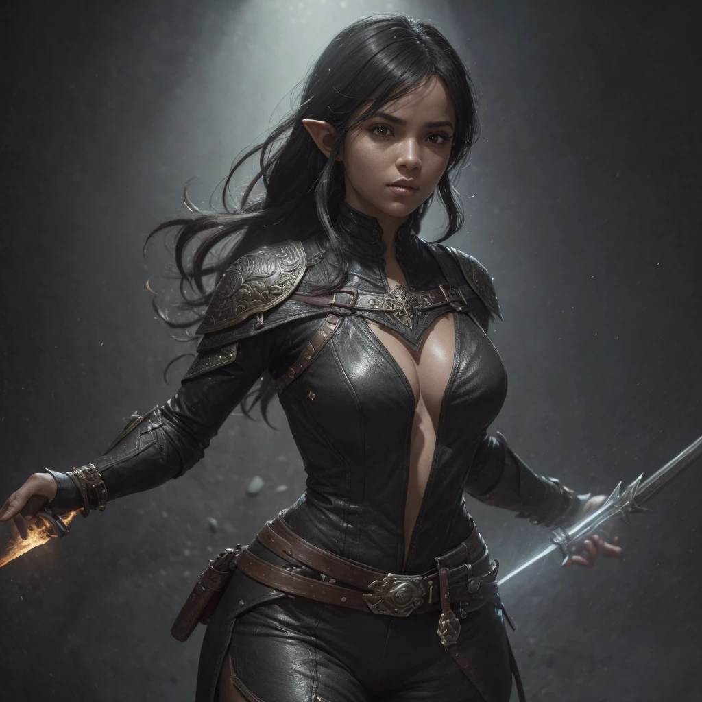 best quality, ultra-detailed, extremely detailed CG, unity 8k wallpaper, official art, caustics, super detailed skin, perfect anatomy, detailed, dynamic lighting, short woman with curvy body, latin features, short dark hair, completely black eyes, with black skin like the shadar-kai elven race, with clothes and armor made of leather (complete clothes), having a whip as a weapon in her hands and daggers on her belt