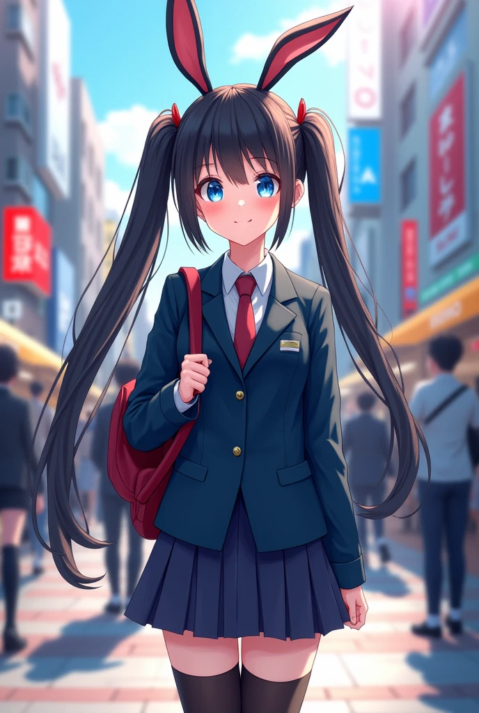 (work of art, Maximum quality, best qualityer, offcial art, beautiful and aesthetic:1.2), extremely detaild, colorfully, More Detailed ((ultra detali)), (top quality photo, 16k photo quality:1.4), ((extremely delicate and beautiful)),(ultimate glowing skin, skin detailed, final detailed face), beautiful detailed eyes, standing alone, plein-air,(shibuya \(Tokyo\):1.3),many people, (sidewalk:1.3),standing, Bblack hair, very long twintails, bunny ears, blue colored eyes, (schoolar uniform, school shirt, blazer, necktie,naked,nua sem roupa), school bag,(panties with side tie,black thighighs:1.4), ssmile, 