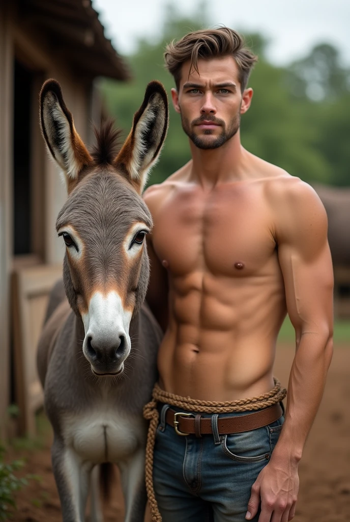 Young cute handsome beautiful 2 beardless taking perfect face next to him a donkey on the rope on a farm shirtless 