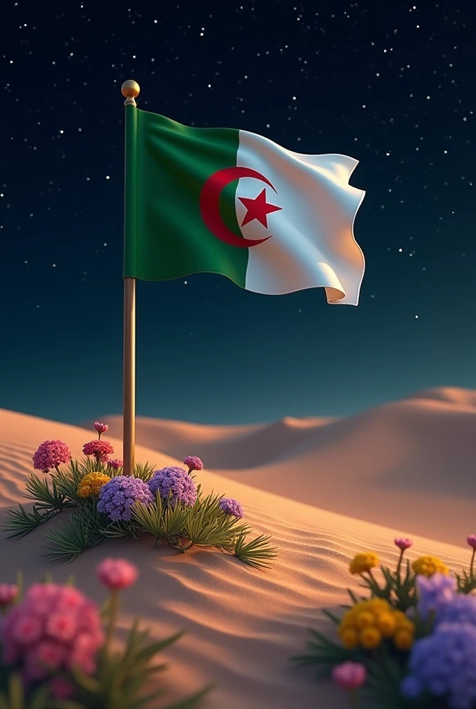 Le désert algérien étoilé avec la lune et le drapeau algérien entouré de fleurs qui poussent dans le désert
Le drapeau algérien vert blanc croissant de lune étoile rouge sang