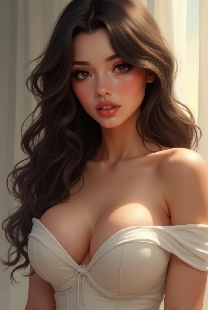 A brunette girl with long hair and big breasts 