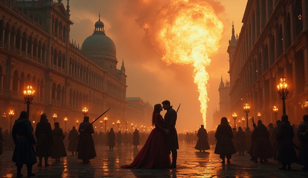 1500 Venice((middle Ages))) in chaos; people looking at the sky; spears of fire falling from the sky; couples kissing in the streets. 