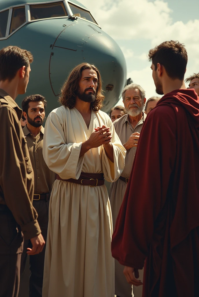 "Create a detailed image that shows Jesus, with a group of several people around him, watching intently. Jesus should be looking straight ahead with an expression of concern and compassion. The young 2 man should also be visibly present in the scene, looking straight ahead with an intense expression while trying to sabotage a plane. The various people around Jesus should have expressions of surprise, concern, or confusion, depending on their reactions to the situation. attempted sabotage, in an airport or aircraft maintenance environment, highlighting the tension and contrast between the boy's actions and the reaction of the people around Jesus."