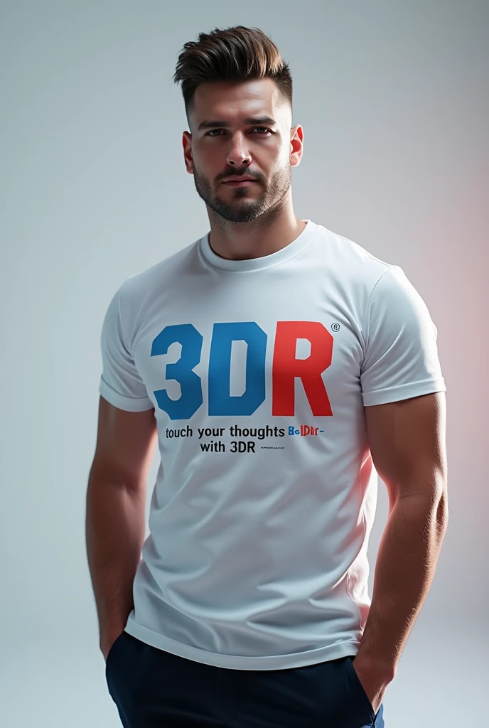 A man makes a good advertisement for the 3DR company with an inscription on a t-shirt: "Touch your thoughts with 3DR" the word 3DR in large block letters