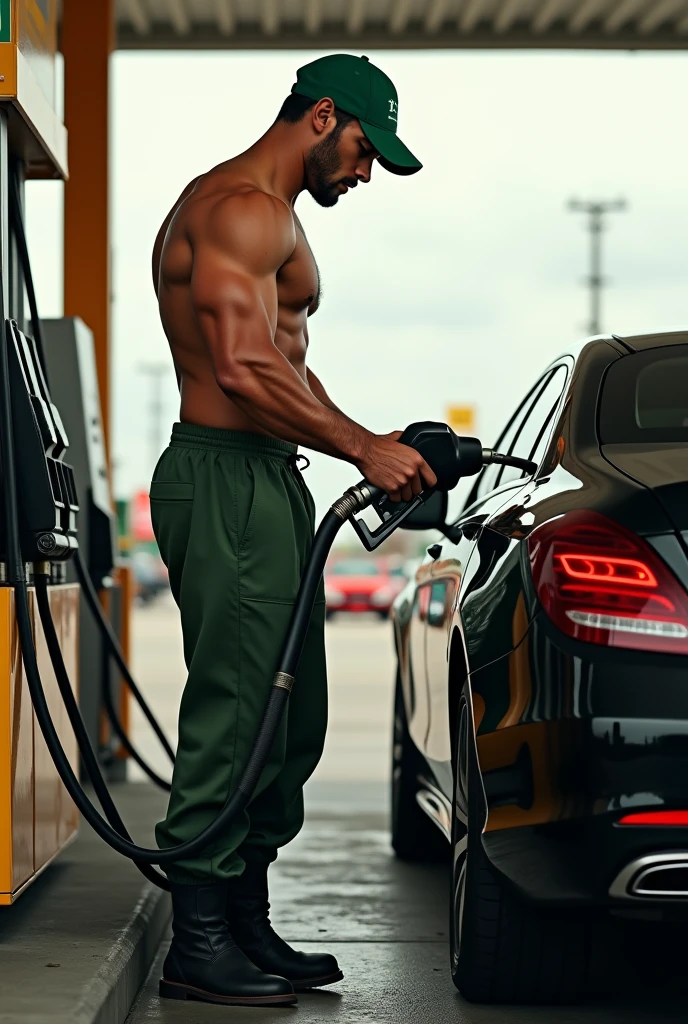 Strong and muscular young Bolivian gas station attendant, wearing no shirt, in a green cap, green sweatpants and black boots, filling up the tank of a black car at the gas station. 