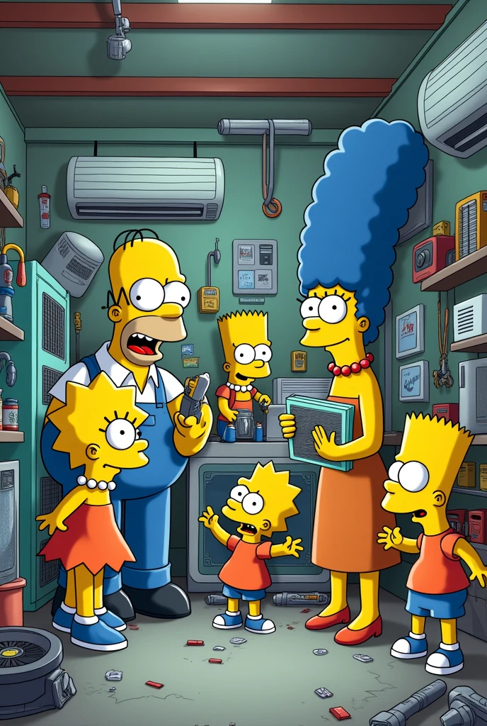 Make a drawing of the Simpsons series in which the characters are playing with tools in an air conditioning repair workshop in which there are air conditioners., Refrigerators and work tools on the floor or tables