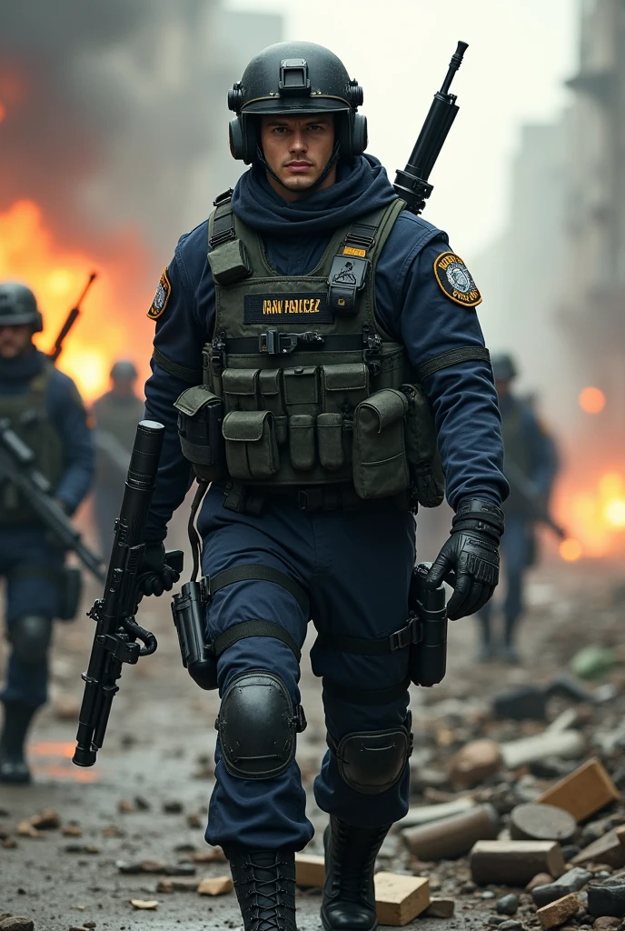 A guy in a police uniform with weapons and grenades in the war and wearing a helmet