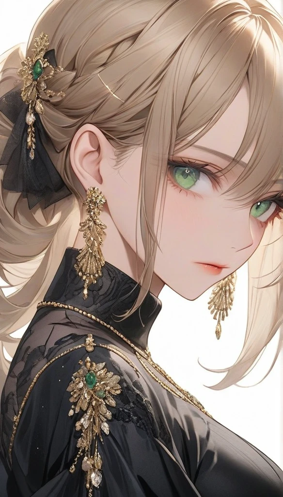 high resolution, Masterpiece, Anatomically correct, precise, qualityที่ดีที่สุด, quality, 1 woman, Age 25 years,Medium length hair, light brown hair,emerald eyes, Uneven hairstyles, big breasts, earring, Dark makeup, A cold expression simple background, Close-up , Anime style, Wearing a black dress,luxurious,Wealth,millionaire,The body looks mature,เครื่องแต่งกายluxurious, Sharp eyes