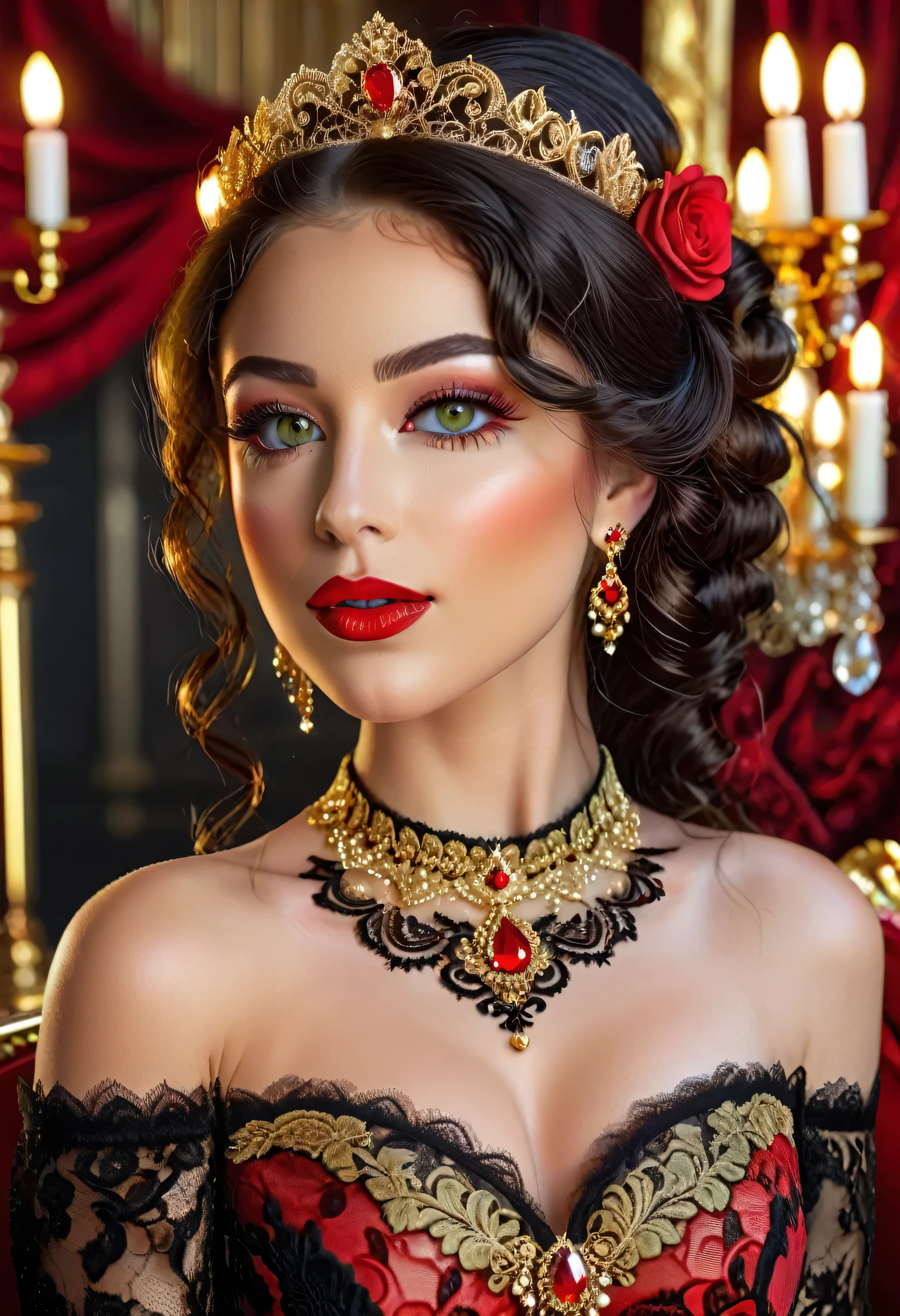 Create a beautiful woman, ((perfect half body)), green eyes, detailed eyelashes and eyebrows, red mouth, glow on face, long black curly hair tied on one side of head, tiara, jewelry ornament, wearing black floral dress red, Victorian style with gold thread lace, lace choker with jewels, legs with black lace stockings, high heel shoes, red sole, in intricate rococo style designs, with golden thread applications, atelier background, flowers, light focusing on the highest quality hair.