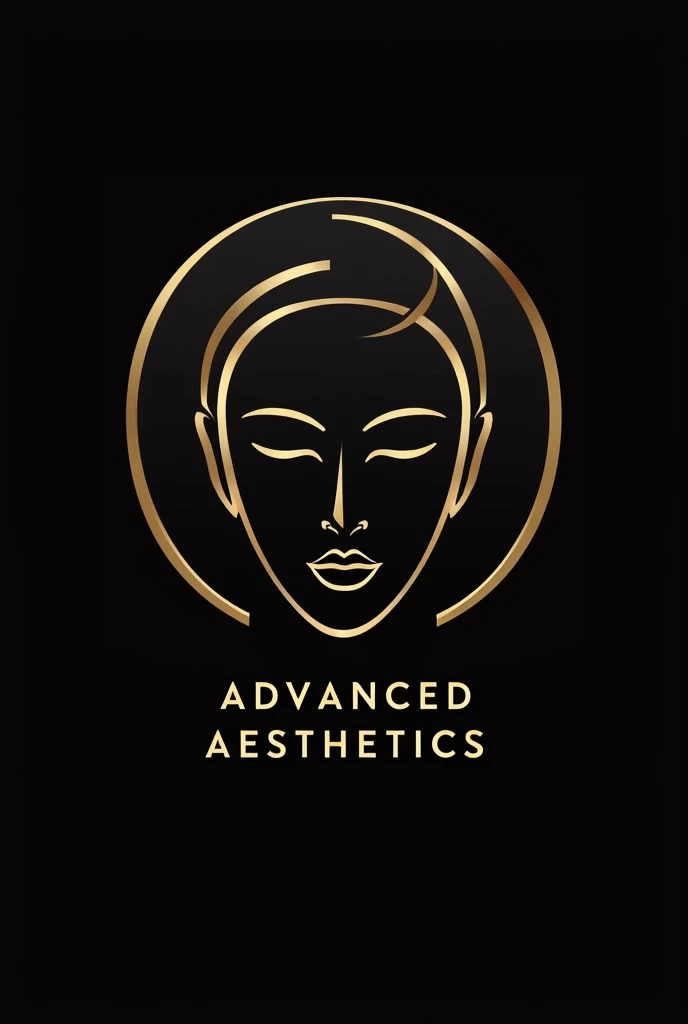 Create a clinic logo with the name Jessiane Advanced Aesthetics inside a black piano circle on the facade in the shape of a face with a golden frame