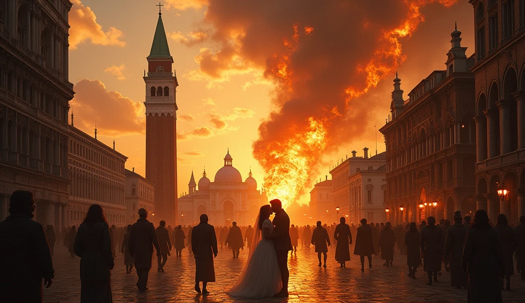 1500 d.c.  venice((middle Ages))) in chaos; people looking at the sky; fire glues falling from the sky; couples kissing in the streets. 