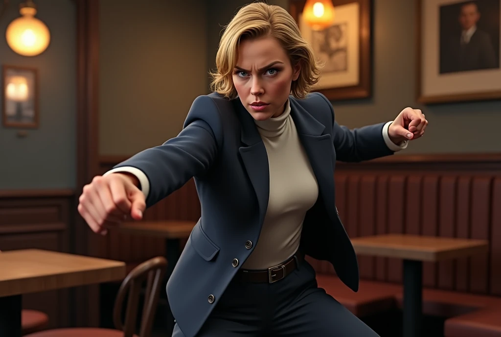 Side view, (( Action pose, straight punch:1.3)), action cinema, action scene, Full body, solon, Actress of 007 , in Pub , (1 Scottish woman , 30 age old ,(gold hair, short cut, serious, glare at man), ((wearing Navy Blue blazer jacket, white turtleneck sweater, Navy Blue pants, leather black belt, brown shoes :1.5)) , ((super detail, high details, high quality, accurate, anatomically correct, textured skin, beautiful fingers super detail, high details, high quality, best quality))