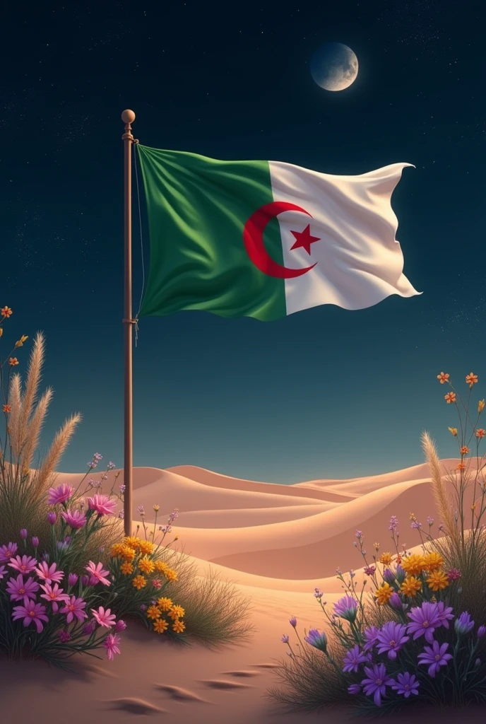 Le désert algérien   étoilé avec la lune et le drapeau algérien entouré de fleurs qui poussent dans le désert
Le drapeau algérien vert blanc croissant de lune étoile rouge sang